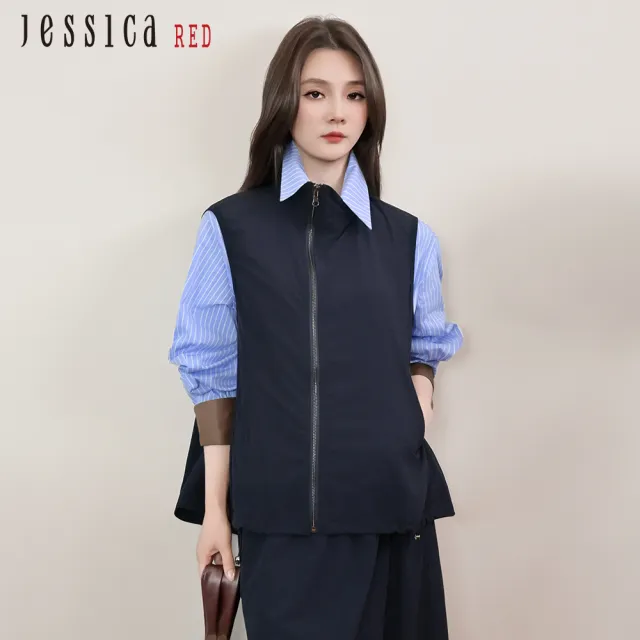 【Jessica Red】工裝風立領斜拉鍊抽繩休閒背心R54901(藏藍)