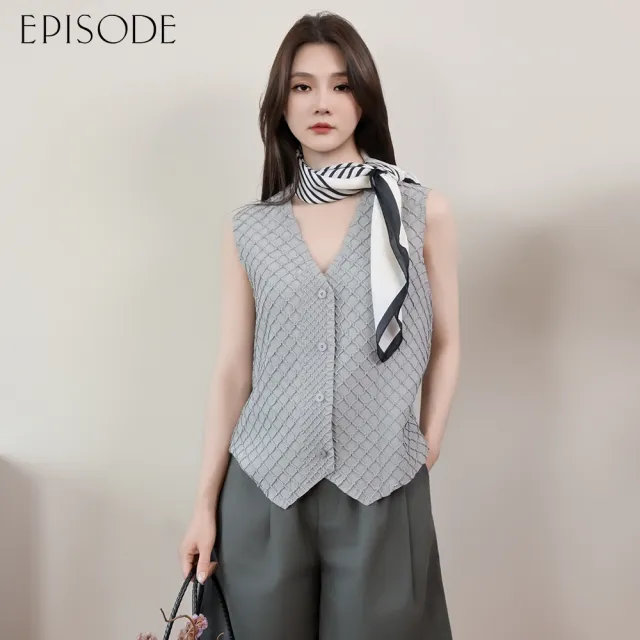 【EPISODE】皺褶立體格紋復古西裝款百搭背心E54901（灰）