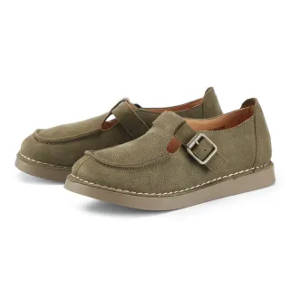 【MAGY】復古車線Ｔ字真皮休閒鞋(綠色)