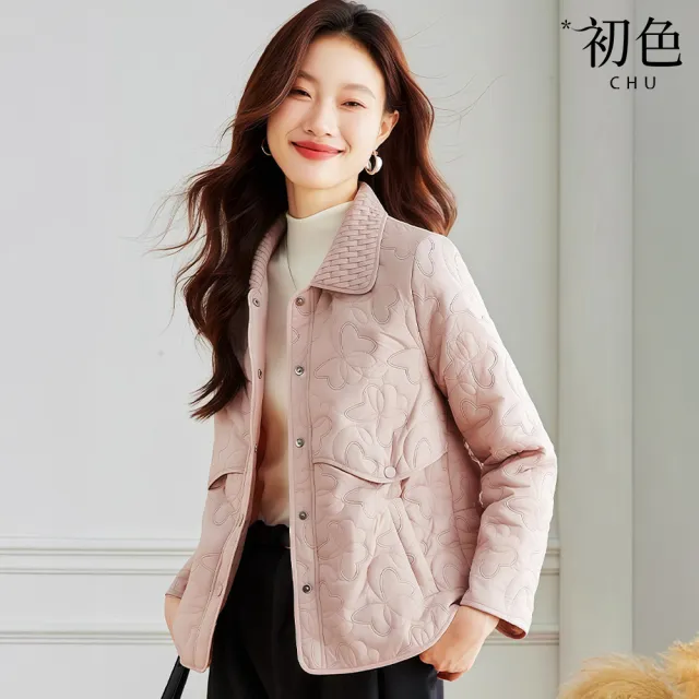 【初色】小香風純色寬鬆翻領口袋單排釦棉服長袖外套女外套-共3色-15671(M-4XL可選)