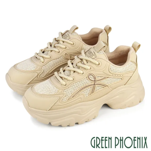 【GREEN PHOENIX 波兒德】女鞋 休閒鞋 老爹鞋 厚底休閒鞋 運動鞋 綁帶 增高 顯瘦 輕量(杏色、黑色)