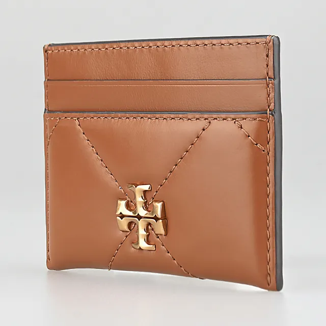 【TORY BURCH】TORY BURCH Kira Diamond立體雙T金字LOGO小牛皮4卡開口式卡片夾(栗子棕)