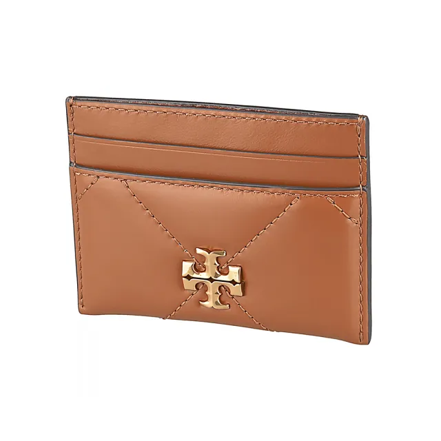 【TORY BURCH】TORY BURCH Kira Diamond立體雙T金字LOGO小牛皮4卡開口式卡片夾(栗子棕)
