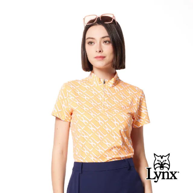 【Lynx Golf】女款吸溼排汗機能滿版英文字樣印花Lynx繡花短袖立領POLO衫/高爾夫球衫(橘色)