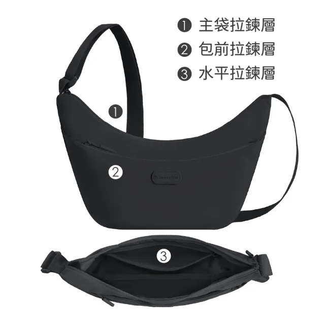 【Travelon】美國 輕便雙層斜背彎月包 深墨黑 / 側背包 肩背包 RFID