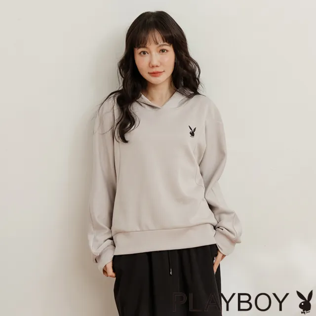 【PLAYBOY】短版後打折連帽上衣(淺灰色)