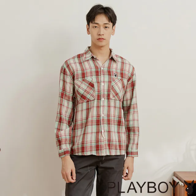 【PLAYBOY】中性版OVERSIZE格紋襯衫(橘紅色)
