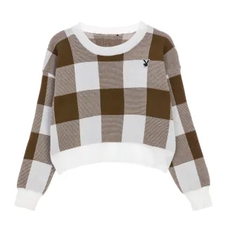 【PLAYBOY】棋盤格短版針織上衣(咖啡色)