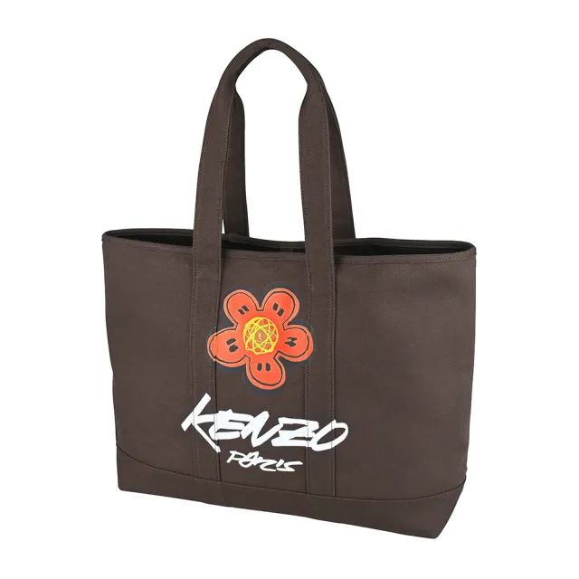 【KENZO】KENZO x Futura 2000印花LOGO純棉帆布鉤扣式手提/肩背托特包(大/巧克力)