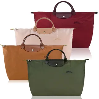 【LONGCHAMP】LE PLIAGE GREEN系列刺繡短把再生尼龍摺疊旅行袋(大/多色選)