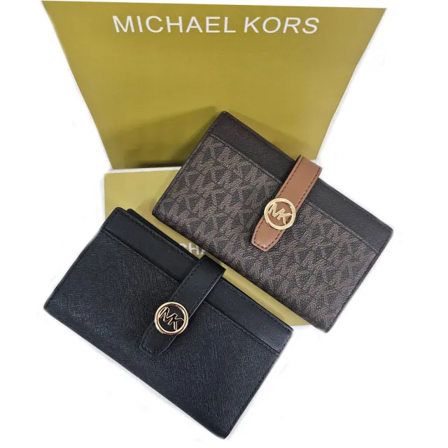 【Michael Kors】滿版LOGO開釦式中款零錢袋卡包 黑色款 滿版款(贈原廠紙袋紙盒送禮)