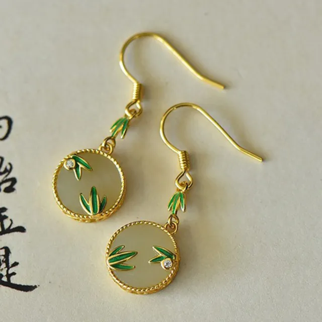 【MoonDy】竹葉琺瑯耳飾 鈎型耳環 和田玉耳環 純銀飾品 女生飾品 復古銀飾 吊墜耳環 新中式配飾