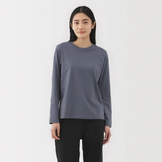 【MUJI 無印良品】女天竺圓領長袖T恤(煙燻藍/摩卡棕橫紋/白色/灰色/黑色/灰白橫紋/黑橫紋)