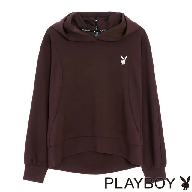 【PLAYBOY】短版後打折連帽上衣(紅咖啡色)
