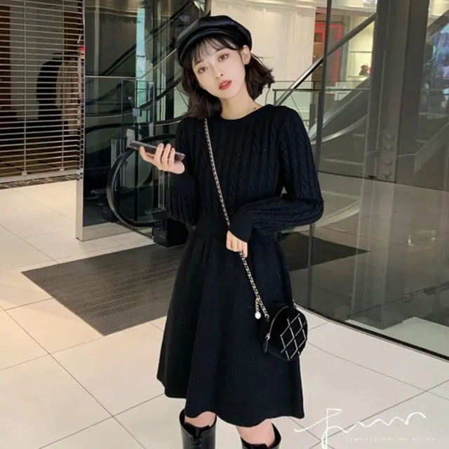 【baibeauty 白鳥麗子】甜美麻花針織收腰圓領長袖洋裝(連身裙)