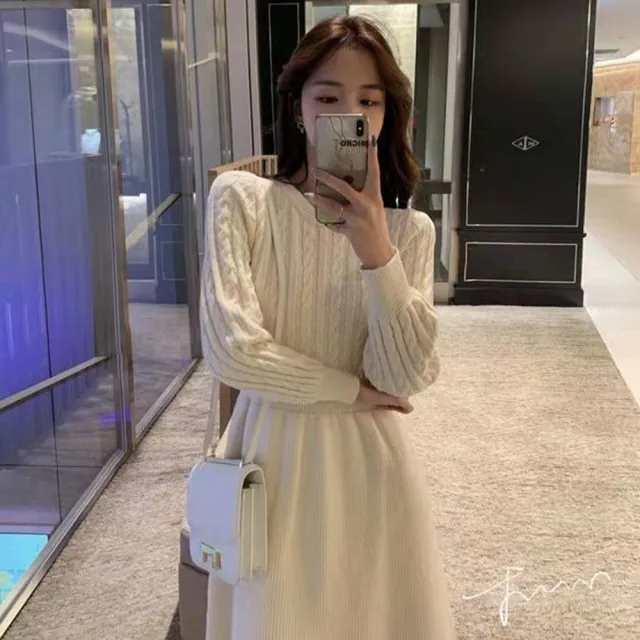 【baibeauty 白鳥麗子】甜美麻花針織收腰圓領長袖洋裝(連身裙)