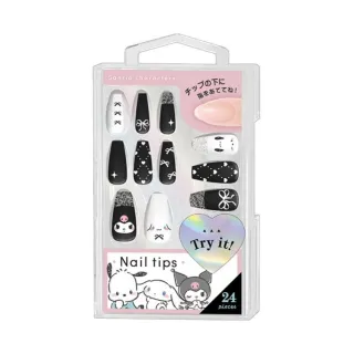 【小禮堂】Sanrio 三麗鷗 大集合 造型指甲貼片 24枚入 黑白款(平輸品)