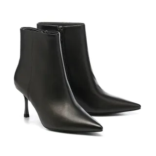 【AS 集團】極簡時尚純色全真皮尖頭高跟短靴(黑)