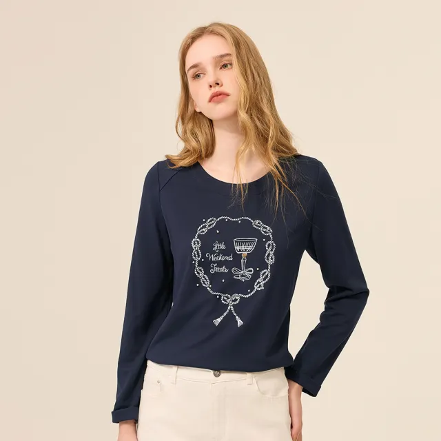 【ILEY 伊蕾】珍珠刺繡縲縈長袖上衣(深藍；M-2L；1253311201)