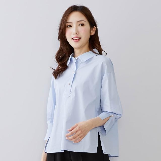 【betty’s 貝蒂思】出清品  OL半開襟七分袖襯衫領上衣(淺藍)