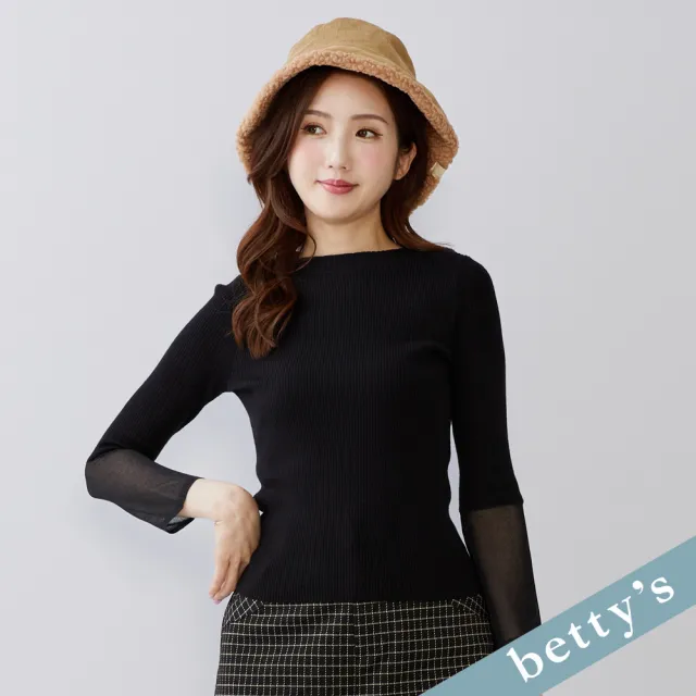 【betty’s 貝蒂思】出清品  袖口雪紡紗拼接立領針織上衣(黑色)