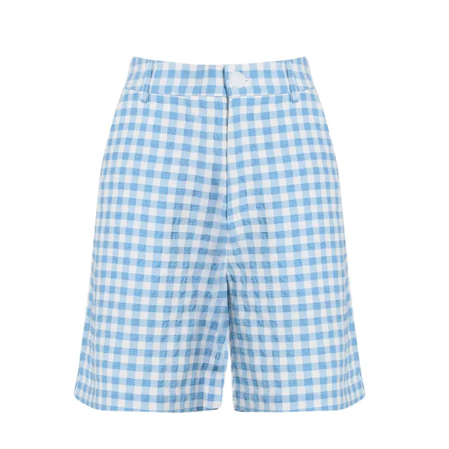 【OUWEY 歐薇】夏日清爽格紋泡泡布五分短褲(藍；S-L；3252326148)
