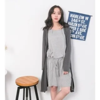 【漂亮小媽咪】春秋 假兩件 薄外套 哺乳裙 抽繩 綁帶 長袖 哺乳裙(側掀式哺乳、純棉)