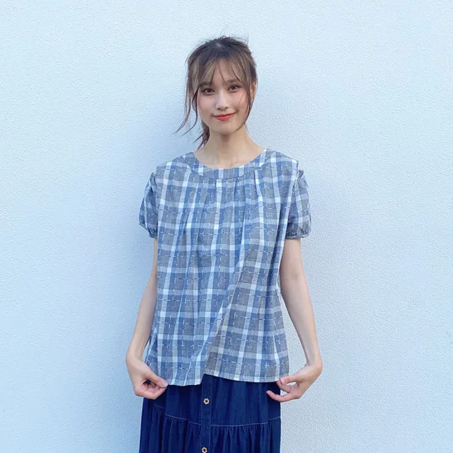 【Hana Mokuba】花木馬日系女裝圓領格紋肩膀開口上衣(造型上衣)