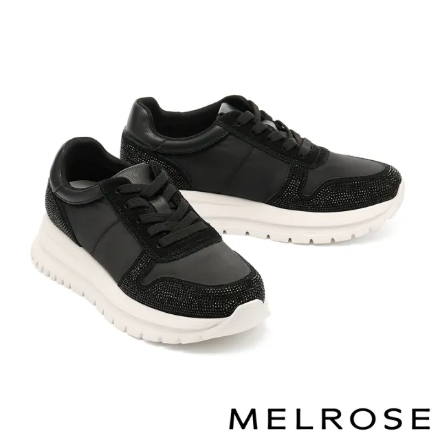 【MELROSE】美樂斯 精緻率性晶鑽彈性鞋帶異材質厚底休閒鞋(黑)