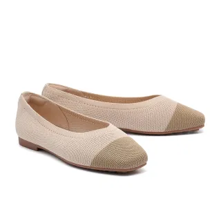 【MELROSE】美樂斯 百搭撞色拼接飛織布方頭娃娃平底鞋(米)