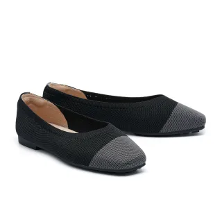 【MELROSE】美樂斯 百搭撞色拼接飛織布方頭娃娃平底鞋(灰)