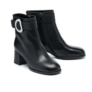 【MISS 21】復古時髦扭曲大釦牛皮方頭高跟短靴(黑)