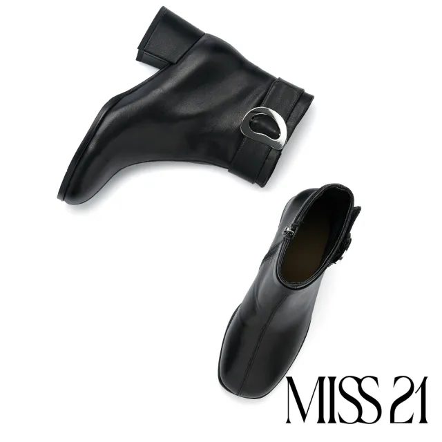 【MISS 21】復古時髦扭曲大釦牛皮方頭高跟短靴(黑)