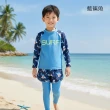 【橘魔法】千鳥紋 拚色 花朵鯊魚衝浪長袖泳裝(泳褲 防曬 水母衣 潛水衣 大童 女童 男童 兒童 泳裝)