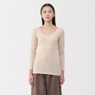 【MUJI 無印良品】女棉保暖U領八分袖T恤(柔白/黑色/淺米/粉紅/淺綠/煙燻藍/灰棕/深棕)