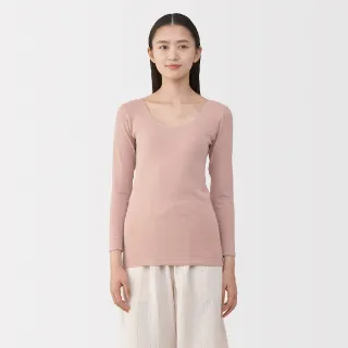【MUJI 無印良品】女棉保暖U領八分袖T恤(柔白/黑色/淺米/粉紅/淺綠/煙燻藍/灰棕/深棕)
