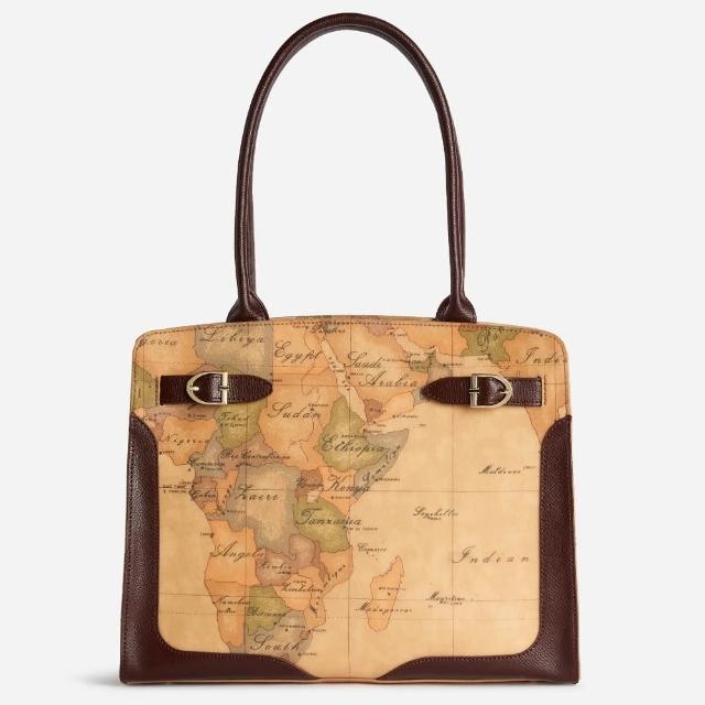 【Alviero Martini】義大利地圖包 皮革釦環裝飾 長把側揹包33cm-地圖黃x深咖啡(肩揹 托特包 通勤)