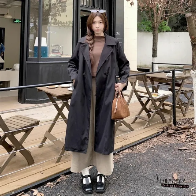【YOUNGBABY】帥氣英倫風西裝領大釦長版風衣外套 中大尺碼女裝