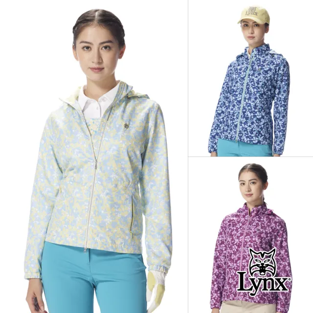【Lynx Golf】女款防風防潑水連帽滿版印花拉鍊設計風衣(三色)