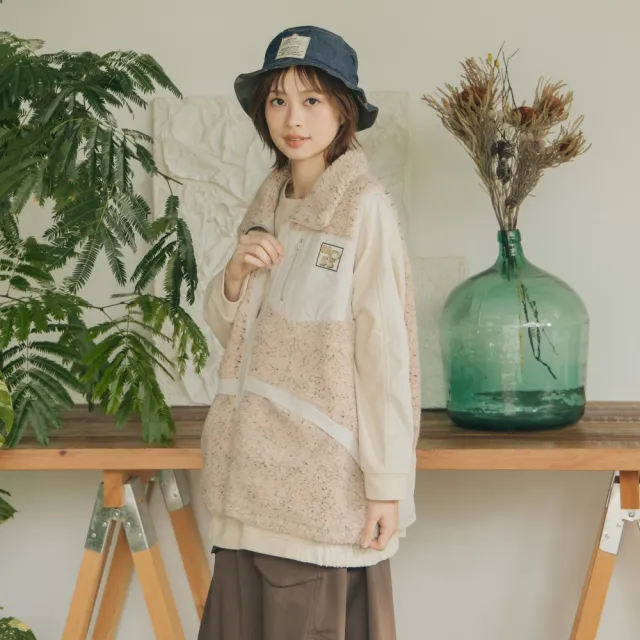 【MOSS CLUB】花色羔羊絨戶外休閒背心(藍 米/魅力商品)