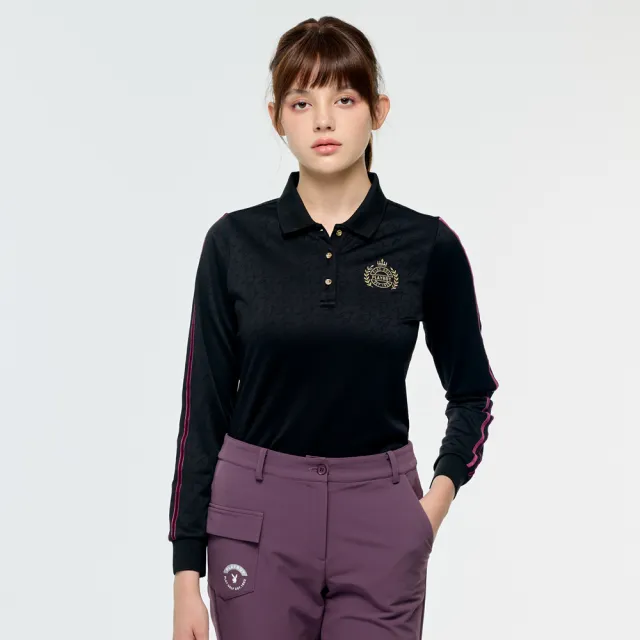 【PLAYBOY GOLF】女款千鳥格高爾夫長袖POLO衫-黑(吸濕排汗/高爾夫球衫/KA25203-88)