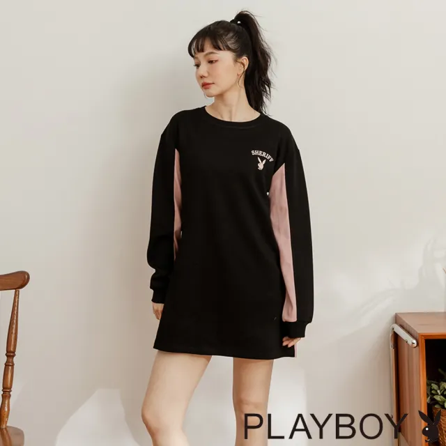 【PLAYBOY】撞色萊賽爾剪裁長上衣(黑色)
