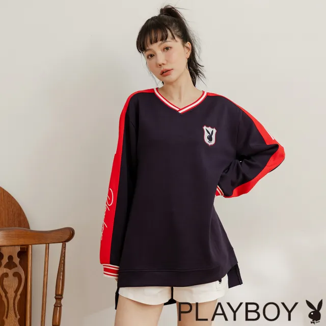 【PLAYBOY】V領經典紅藍白長上衣(深藍色)