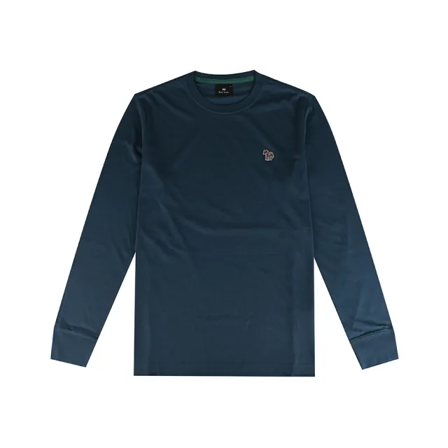 【Paul Smith】Paul Smith 白色英文LOGO炫彩斑馬布標貼棉質長袖T恤(深藍/男款)