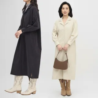 【plain-me】SAAKO 燈心絨半開襟洋裝 SAA5024-251(襯衫領 女款 深灰 米白 長裙 燈芯絨 休閒佯裝)
