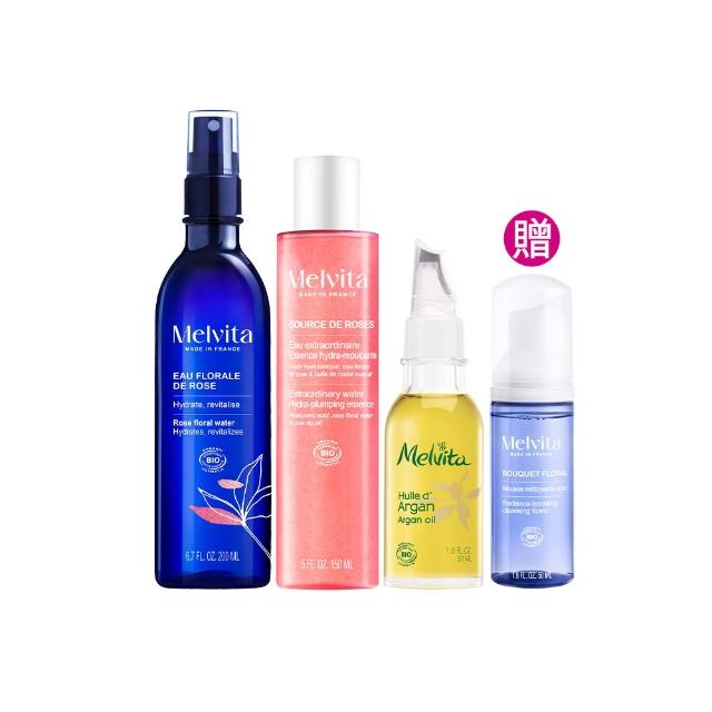 【Melvita 蜜葳特】堅果玫瑰油水養膚組(玫瑰花粹200ml+彈力精萃露150ml+摩洛哥堅果油50ml)