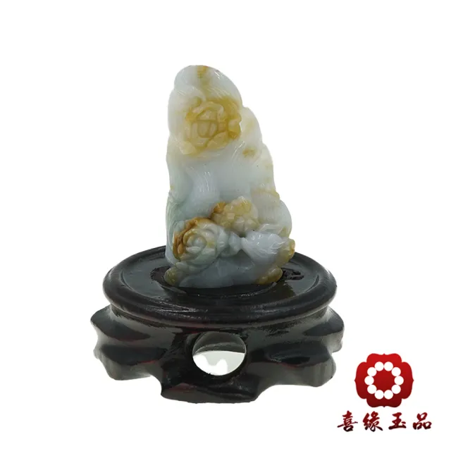【喜緣玉品】九尾狐仙 天然翡翠A貨 大馬坎 春嘻牡丹 回眸睡狐 風水擺設 擺件-僅此一品(開運風水)(直)