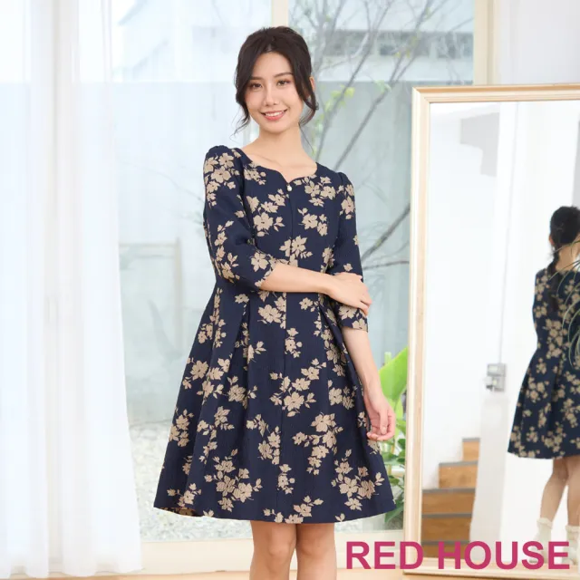 【RED HOUSE 蕾赫斯】典雅桃心領前拉鍊緹花洋裝(共2色)