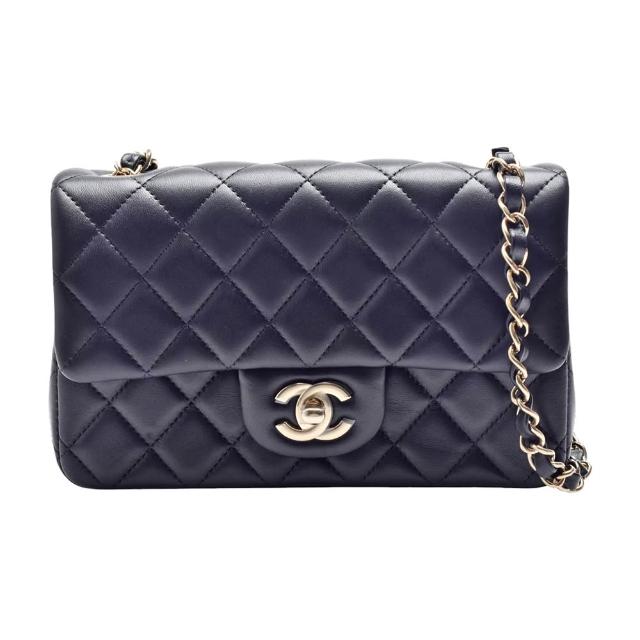【CHANEL 香奈兒】Mini Classic Flap菱格小羊皮轉釦金鍊手拿/斜背包(黑69900L-BLK-GP)