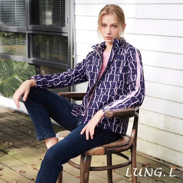 【LUNG.L 林佳樺】LS93C60 藍紫色滿版字母連帽長袖休閒女裝外套(秋冬新品 加大尺碼)